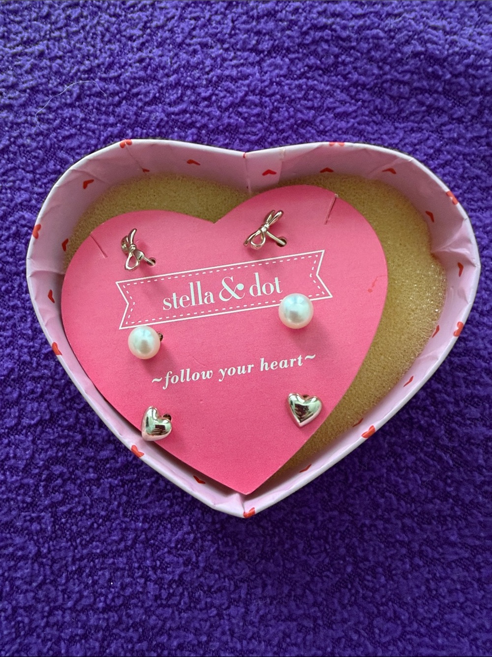 Stella & Dot Mini Pearl Trio Earring Trio Set with Silver Bow, Hearts, & Pearls